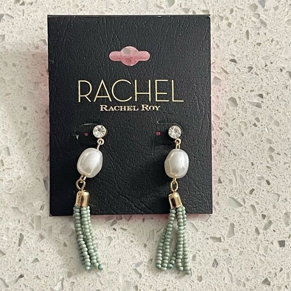 Rachel Roy Boho Dangle Earrings – Mint Beads, Pearl Drop & Rhinestone Stud - Picture 2 of 7